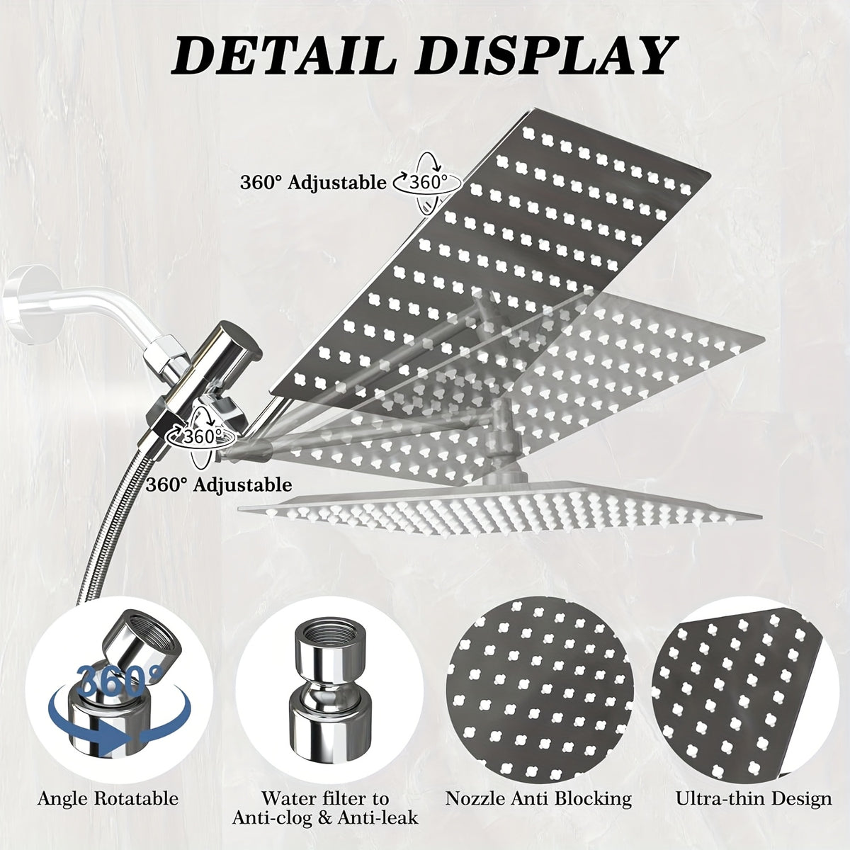 Shower Head, High Pressure Rainfall/Handheld Shower Combo With Extension Arm, 9 Settings, Anti-leak Shower Head With Holder, Height/Angle Adjustable, Chrome, Matte Black
